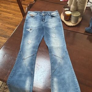 Light Blue Distressed Flare Jeans - Women